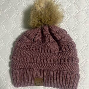 C.C Kids Knit Hat with Faux Fur Pom - Mauve